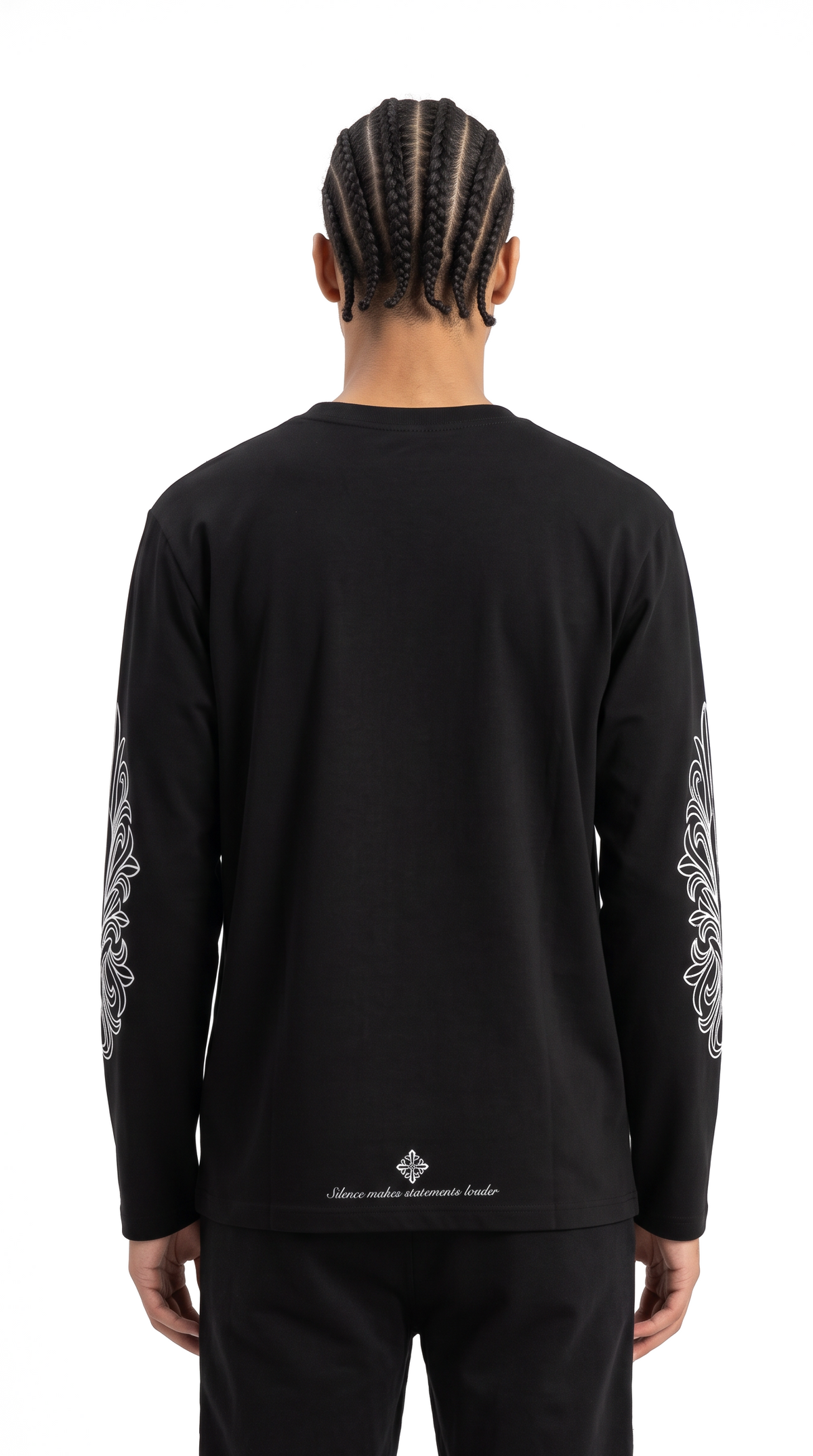 Longsleeve Worldwide Black an Model, Rückansicht mit Backprint