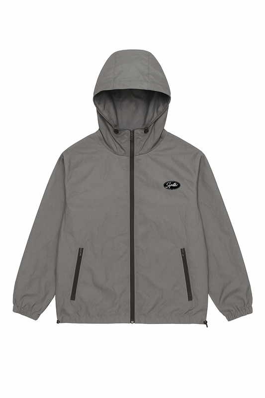 Streetwear Windbreaker Jacke grau mit Kapuze und Reißverschluss