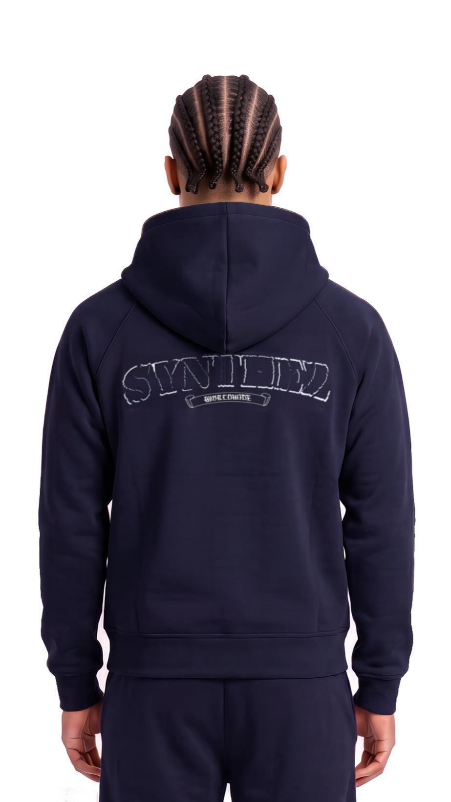Chrome Zipper Navy Blue am Model, hinten mit Synthez Worldwide Backprint