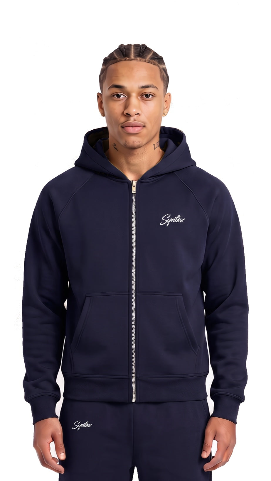 Chrome Zipper Navy Blue am Model, vorne