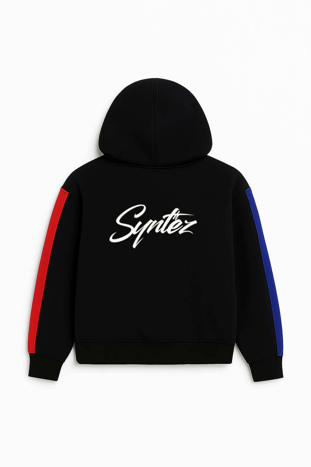 Schwarzer Streetwear Hoodie mit roten und blauen Streifen an den Ärmeln und Synthez Backprint.