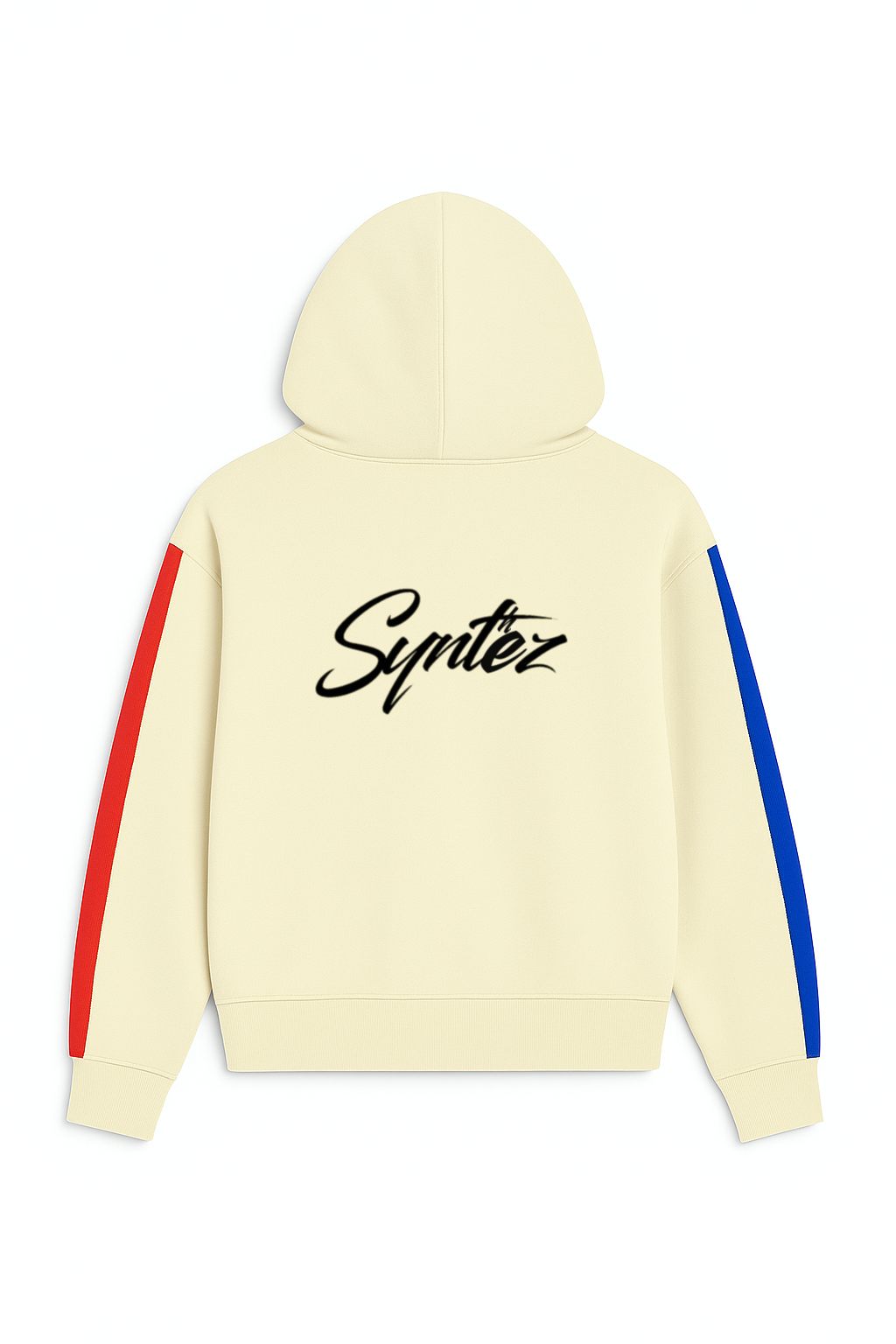 Streetwear Hoodie beige mit Synthez Backprint und roten und blauen Streifen an den Ärmeln.