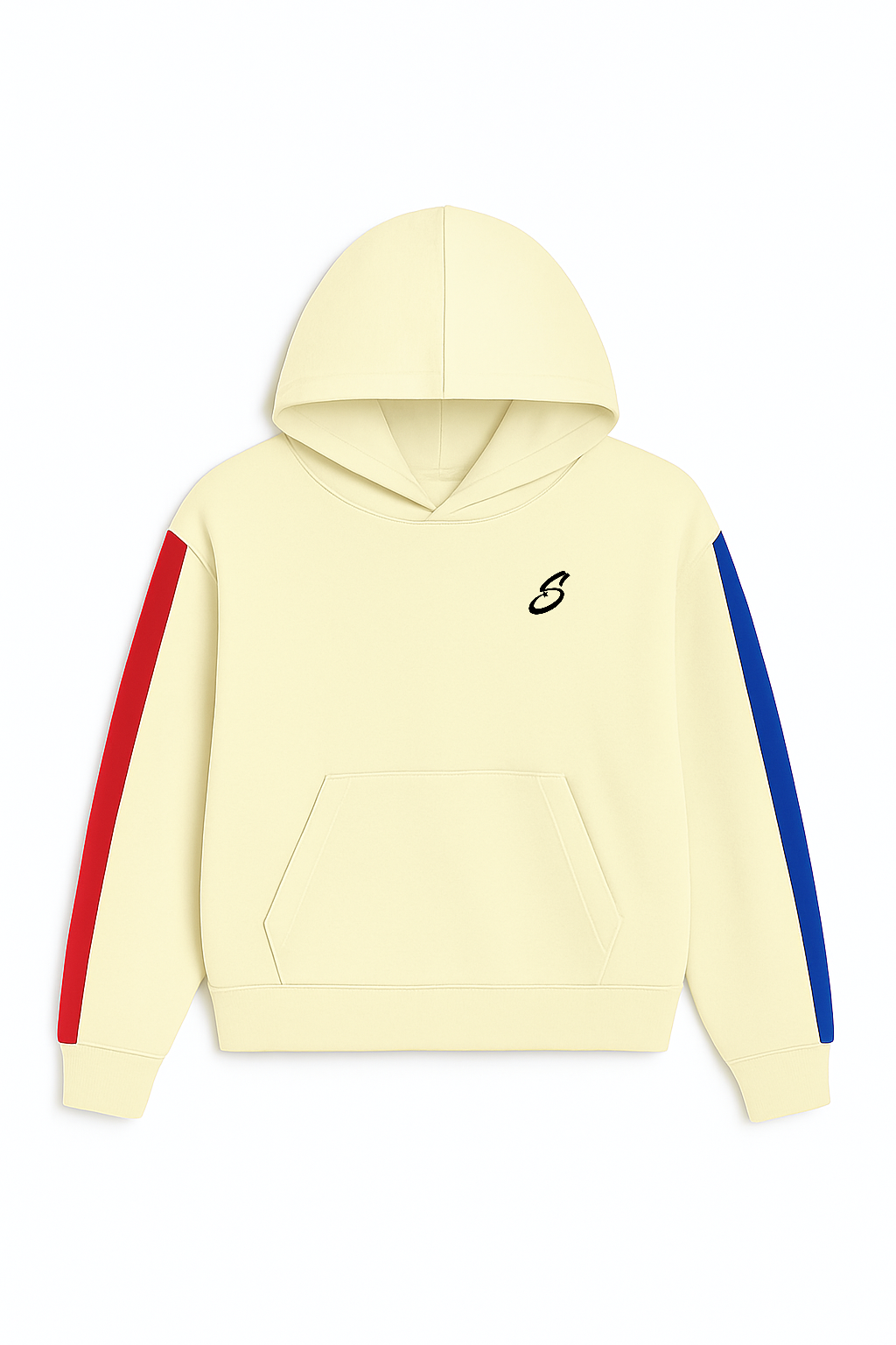 Streetwear Hoodie beige mit roten und blauen Streifen an den Ärmeln.