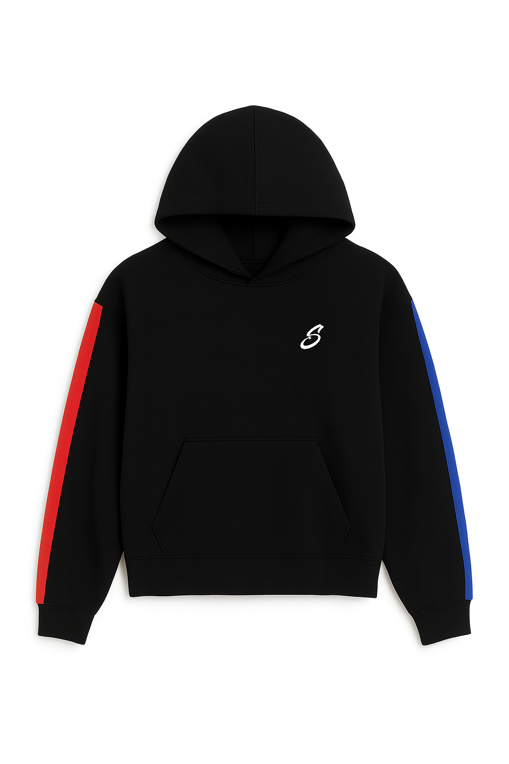 Schwarzer Streetwear Hoodie mit rotem und blauen Streifen an den Ärmeln.