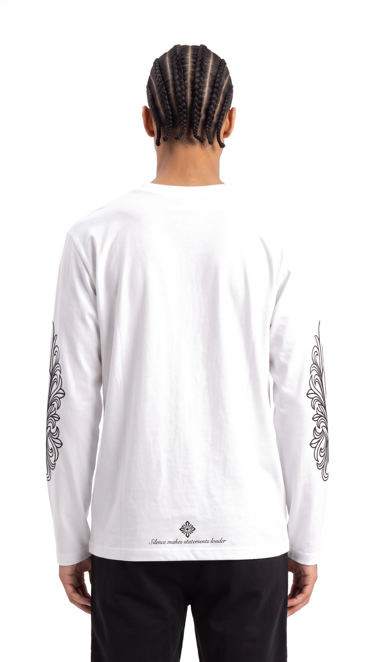 Longsleeve Worldwide White an Model, Rückansicht mit Backprint