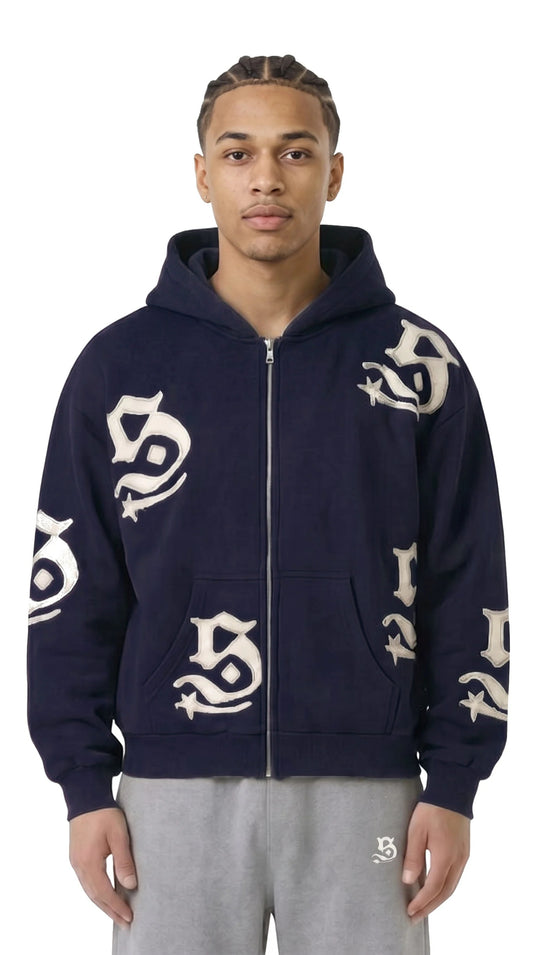 Patch Zipper Navyblau Model vorne