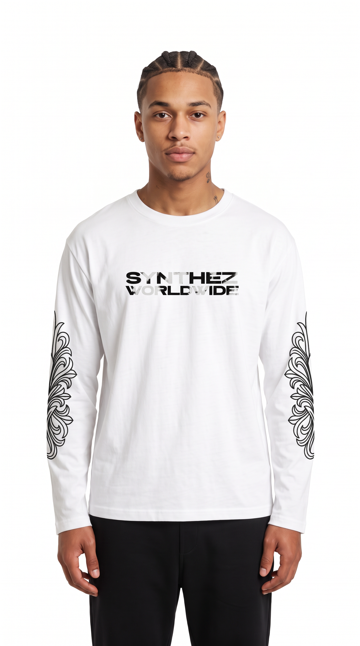 Longsleeve Worldwide White an Model, Frontansicht