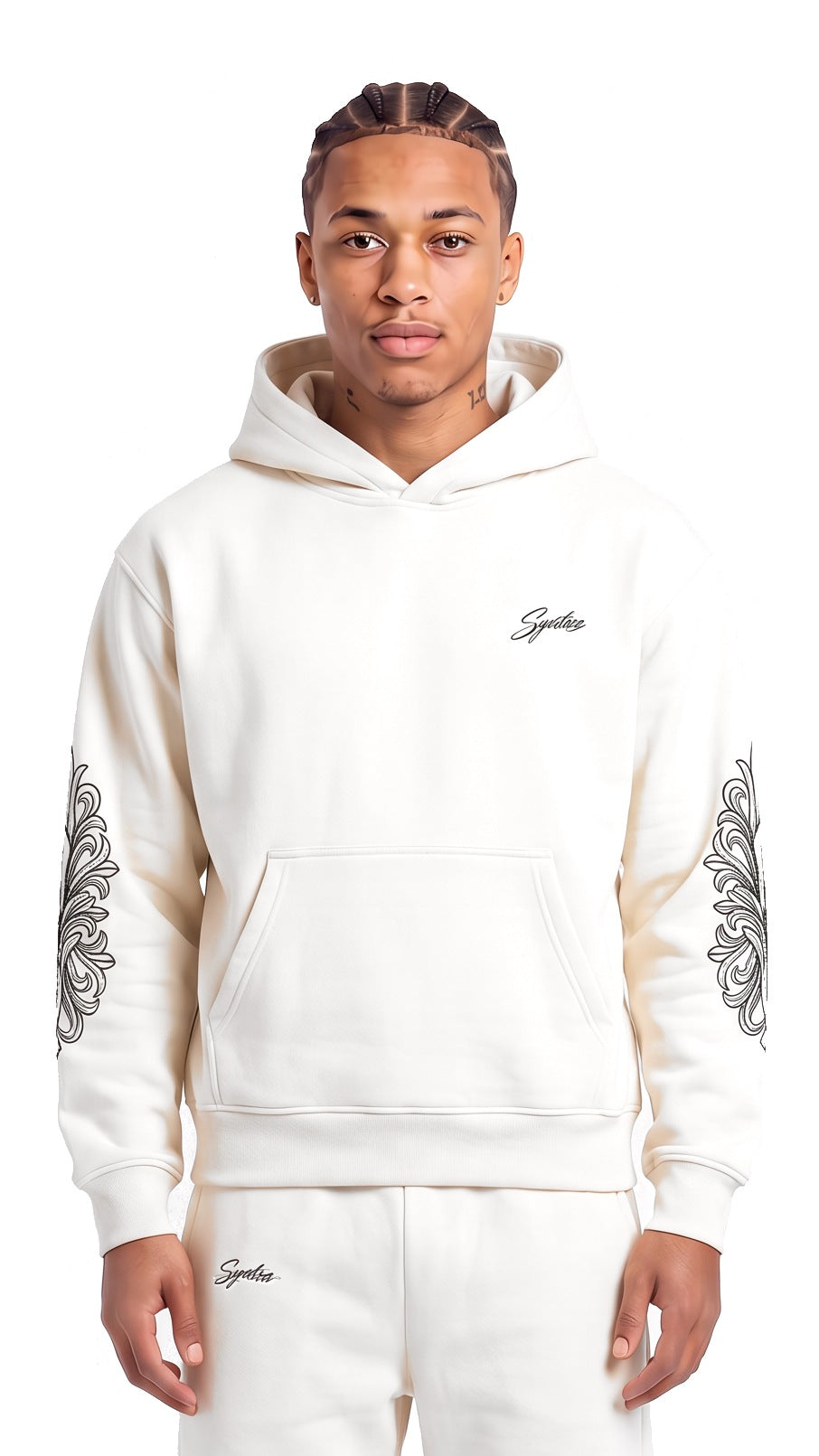 Hoodie Worldwide Cream am Model, Frontansicht