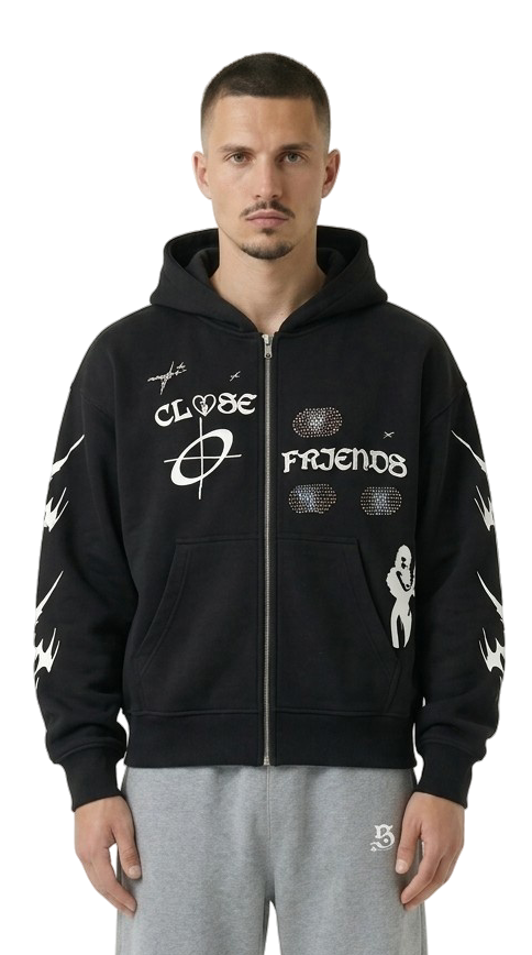 Schwarzer Rhinestone Zip Hoodie von Closefriends mit weißem Closefriends Schriftzug und weißen Details für Herren
