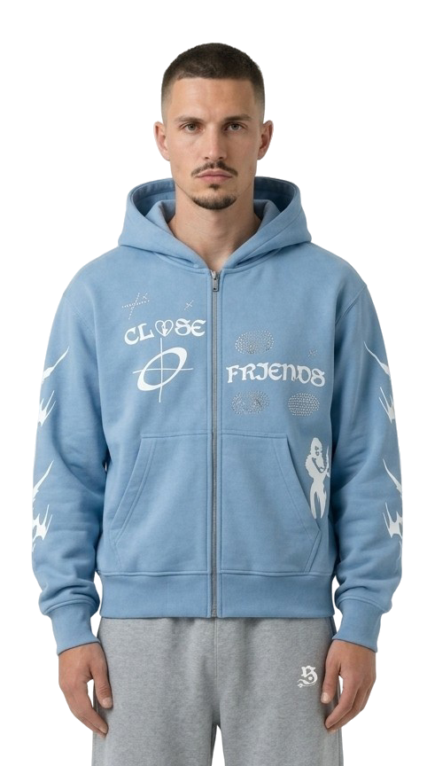 Rhinestone Zip Hoodie hellblau von Closefriends mit weißem Closefriends Schriftzug und weißen Details für Herren