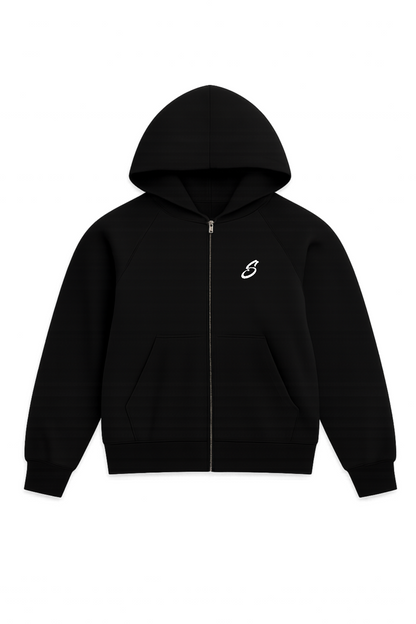 Zip Hoodie schwarz relaxed fit mit weißem Synthez Logo auf der Brust